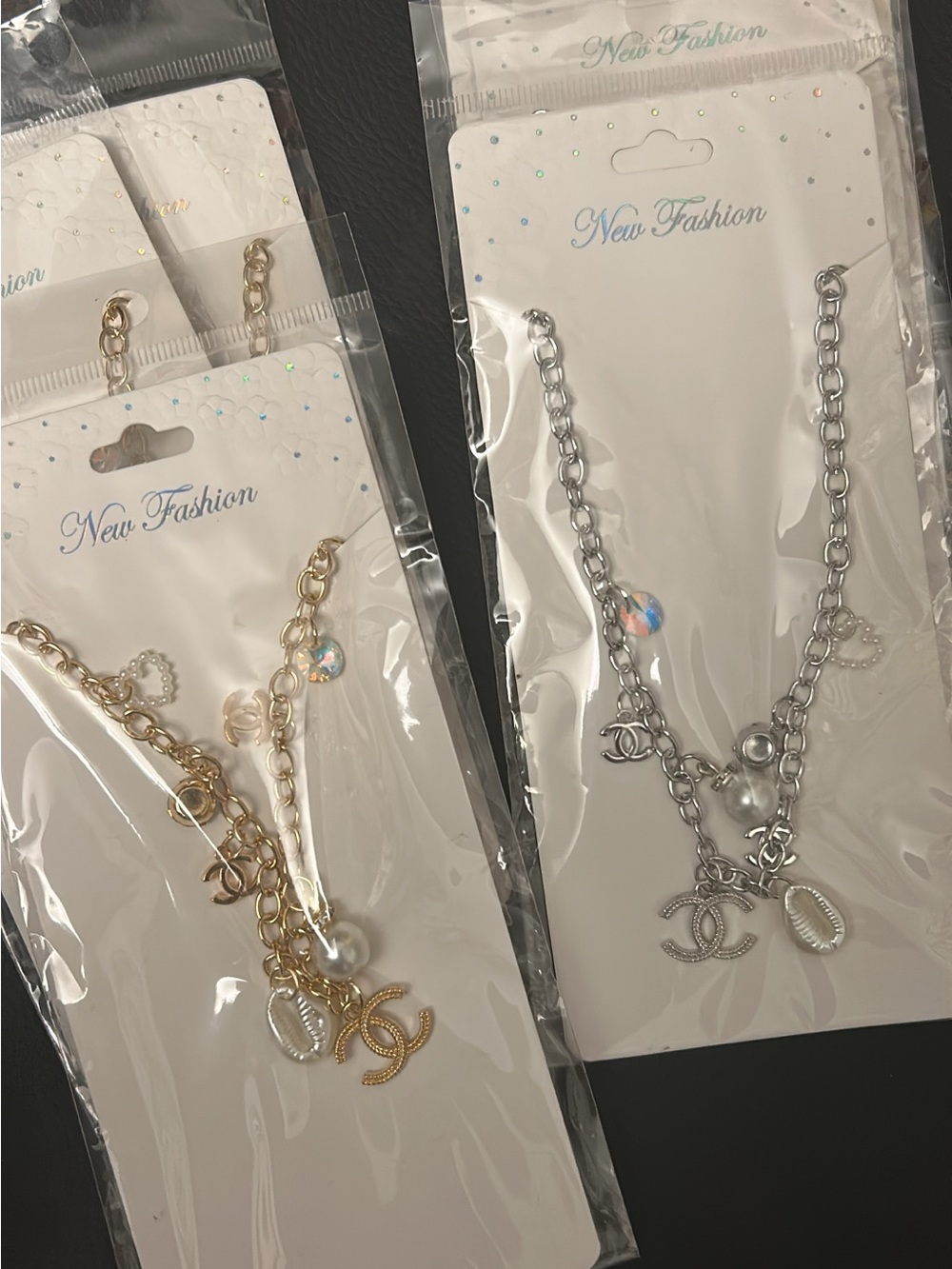 Gold and Silver Charm Necklace Set - Pearl & Logo Charms